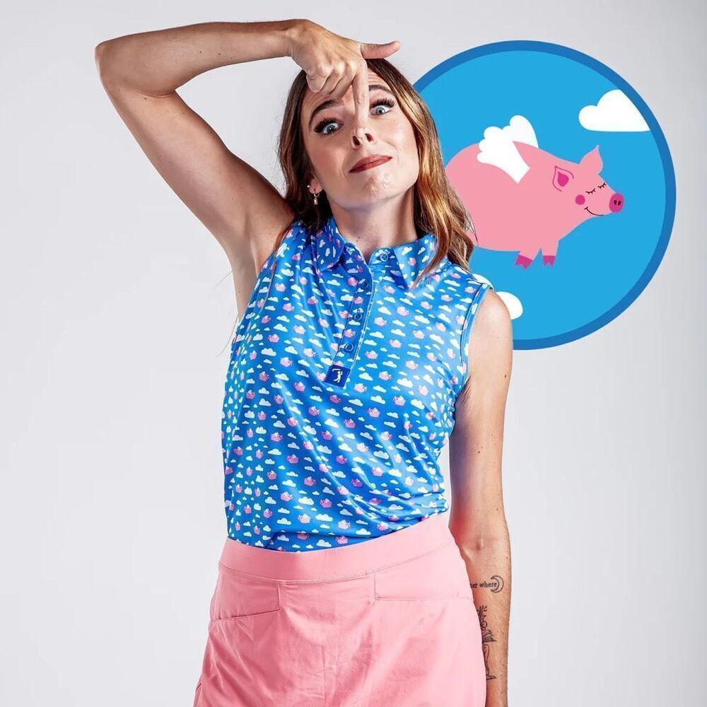 Bogey Bros Golf Co Women’s Blue Pink White Pigs Fly  Sleeveless Performance Polo